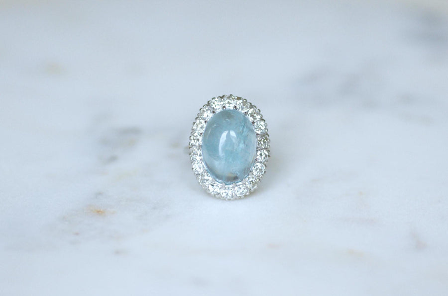 Cabochon Aquamarine and Diamonds on Gold and Platinum Art Deco Daisy Ring