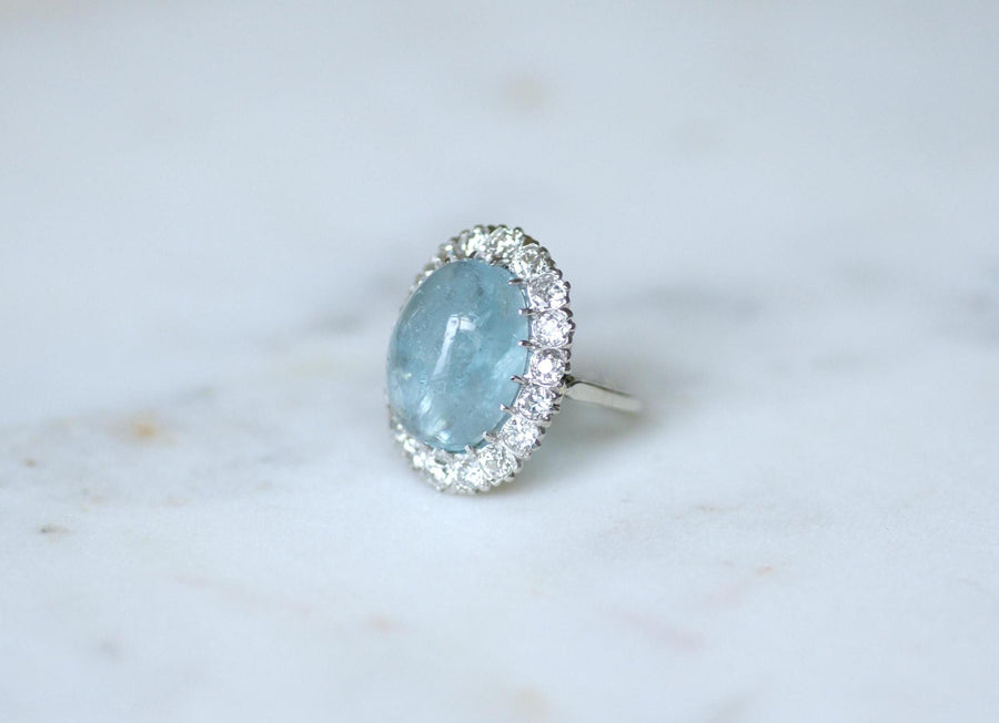 Cabochon Aquamarine and Diamonds on Gold and Platinum Art Deco Daisy Ring