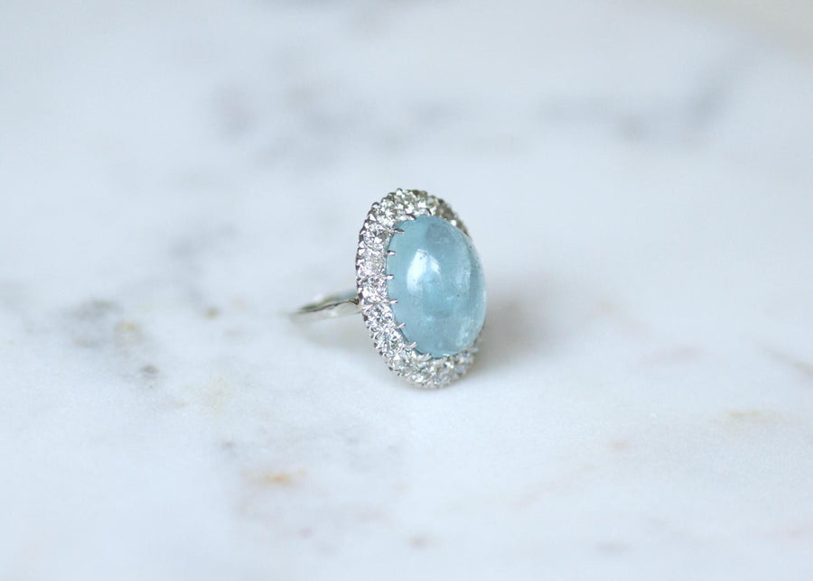 Cabochon Aquamarine and Diamonds on Gold and Platinum Art Deco Daisy Ring
