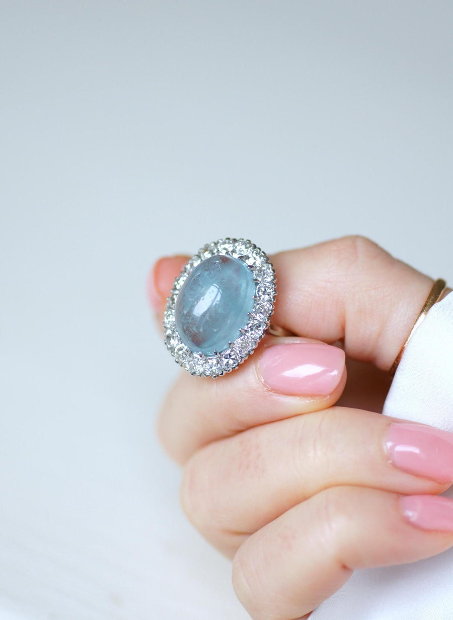 Cabochon Aquamarine and Diamonds on Gold and Platinum Art Deco Daisy Ring