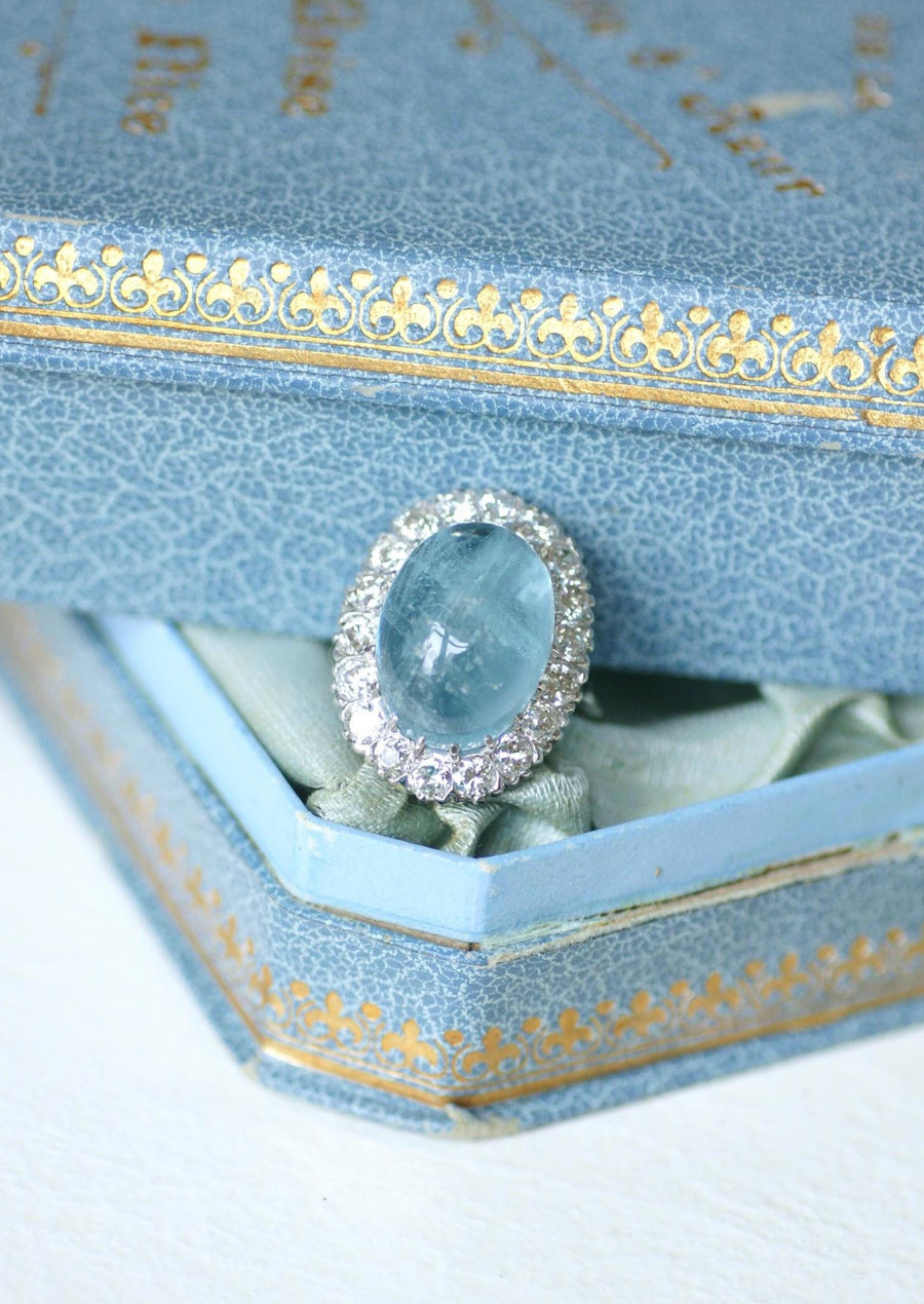 Cabochon Aquamarine and Diamonds on Gold and Platinum Art Deco Daisy Ring