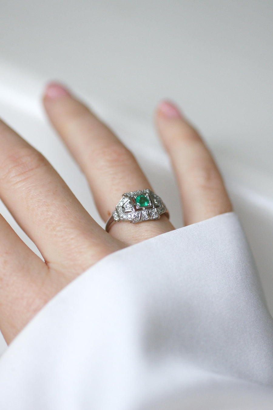 Art Deco Emerald and Diamond Ring on Platinum