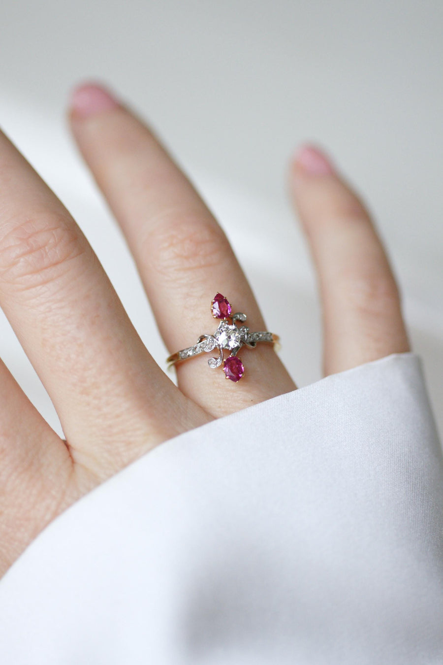 Ring Toi et Moi Belle Epoque Pear Ruby and Diamonds on Yellow Gold and Platinum