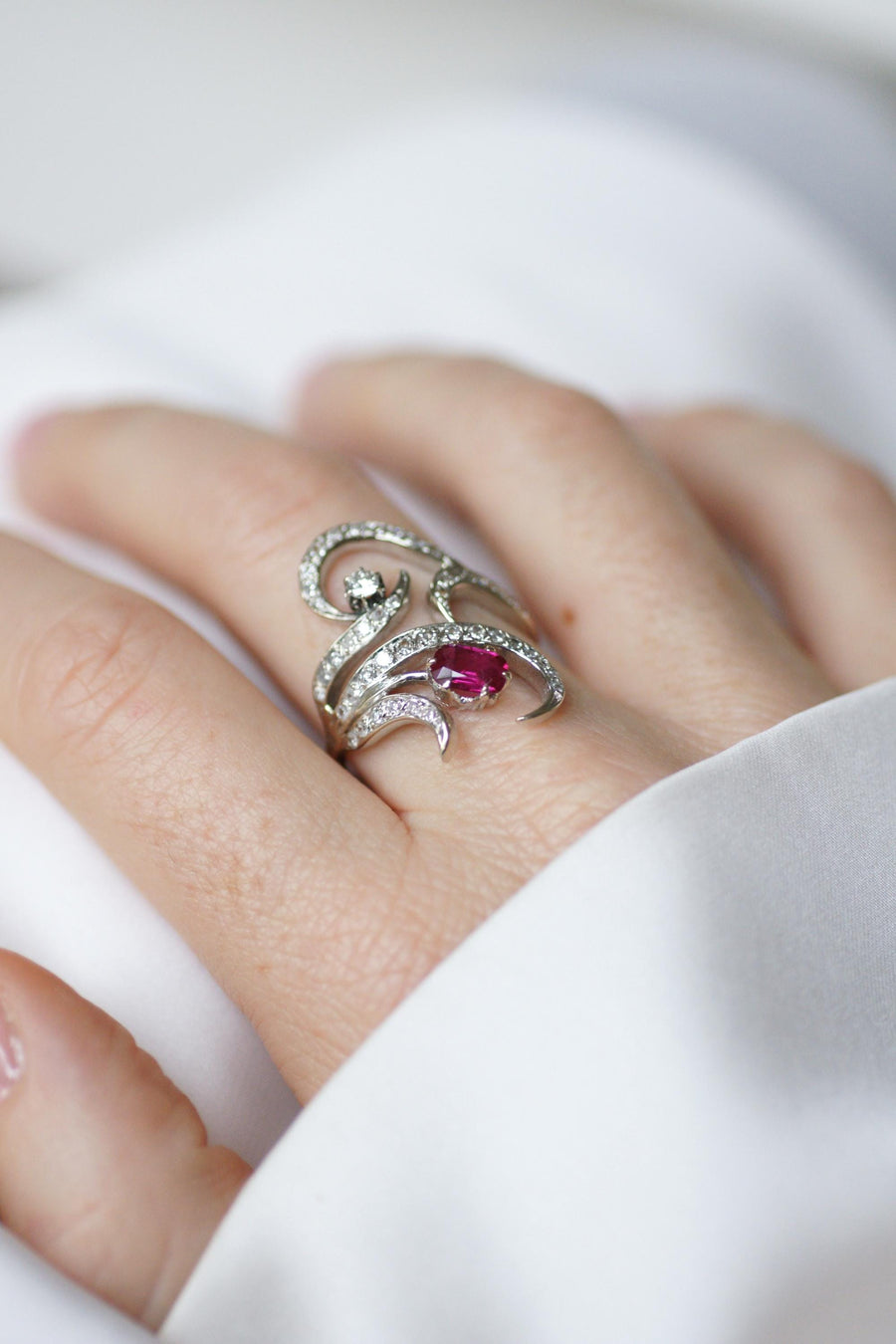 Arabesque Unheated Birman Ruby and Diamond Ring on White Gold
