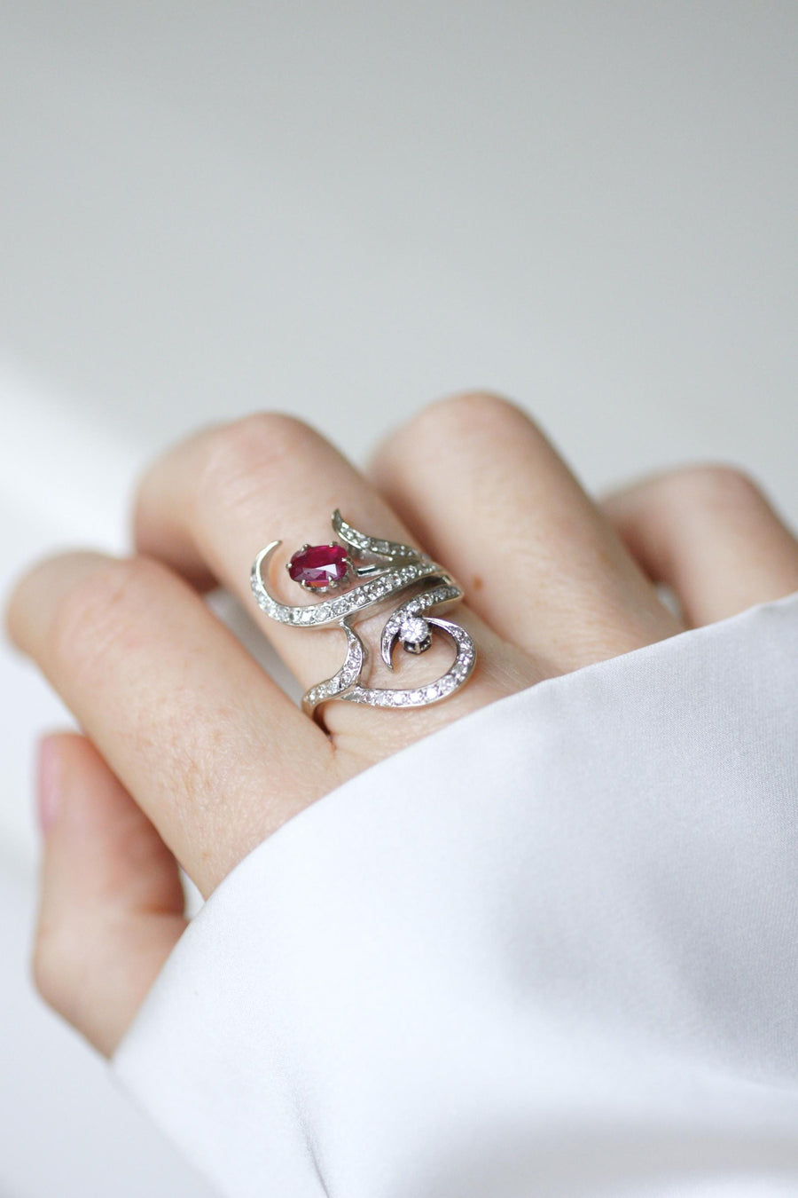 Arabesque Unheated Birman Ruby and Diamond Ring on White Gold