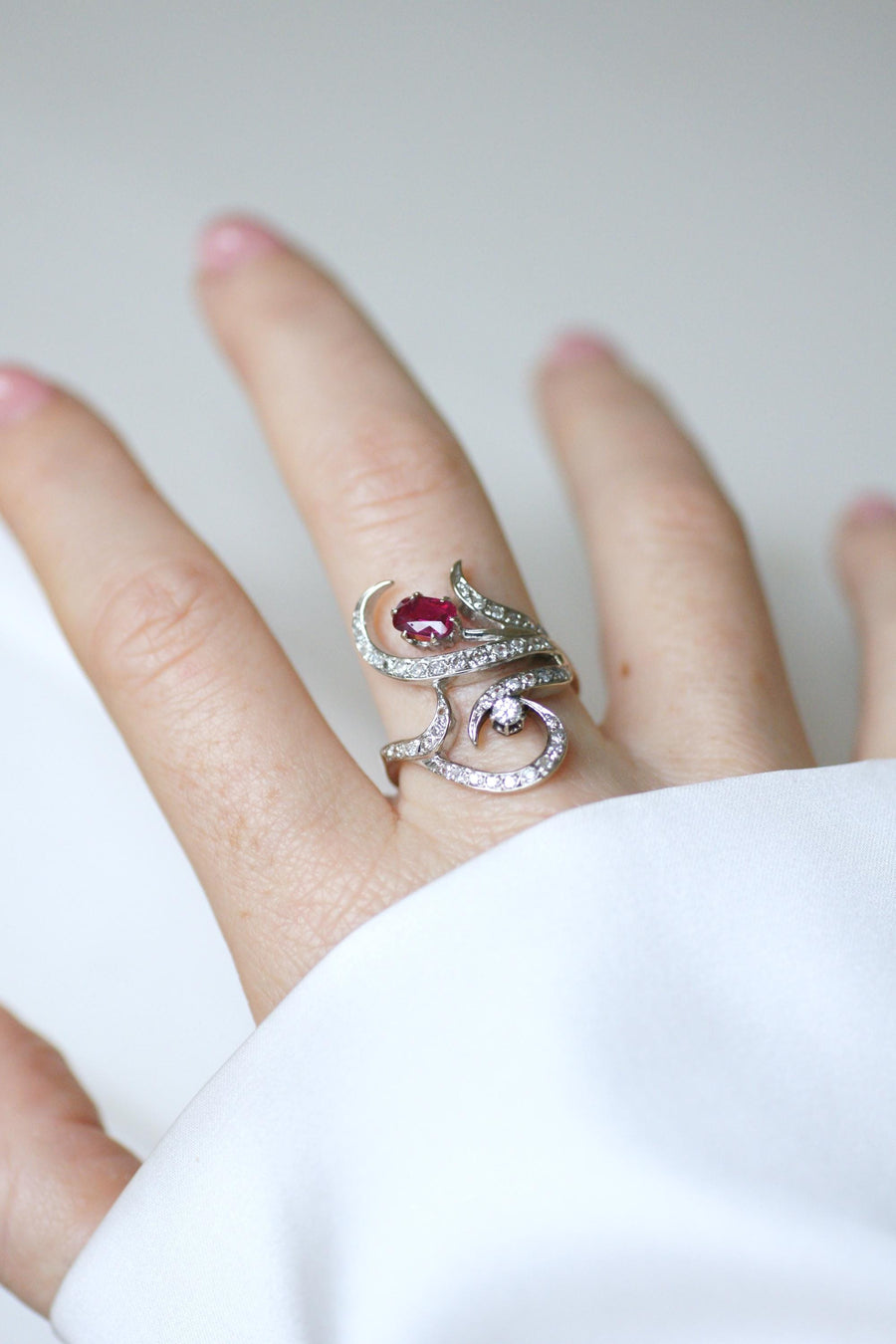 Arabesque Unheated Birman Ruby and Diamond Ring on White Gold