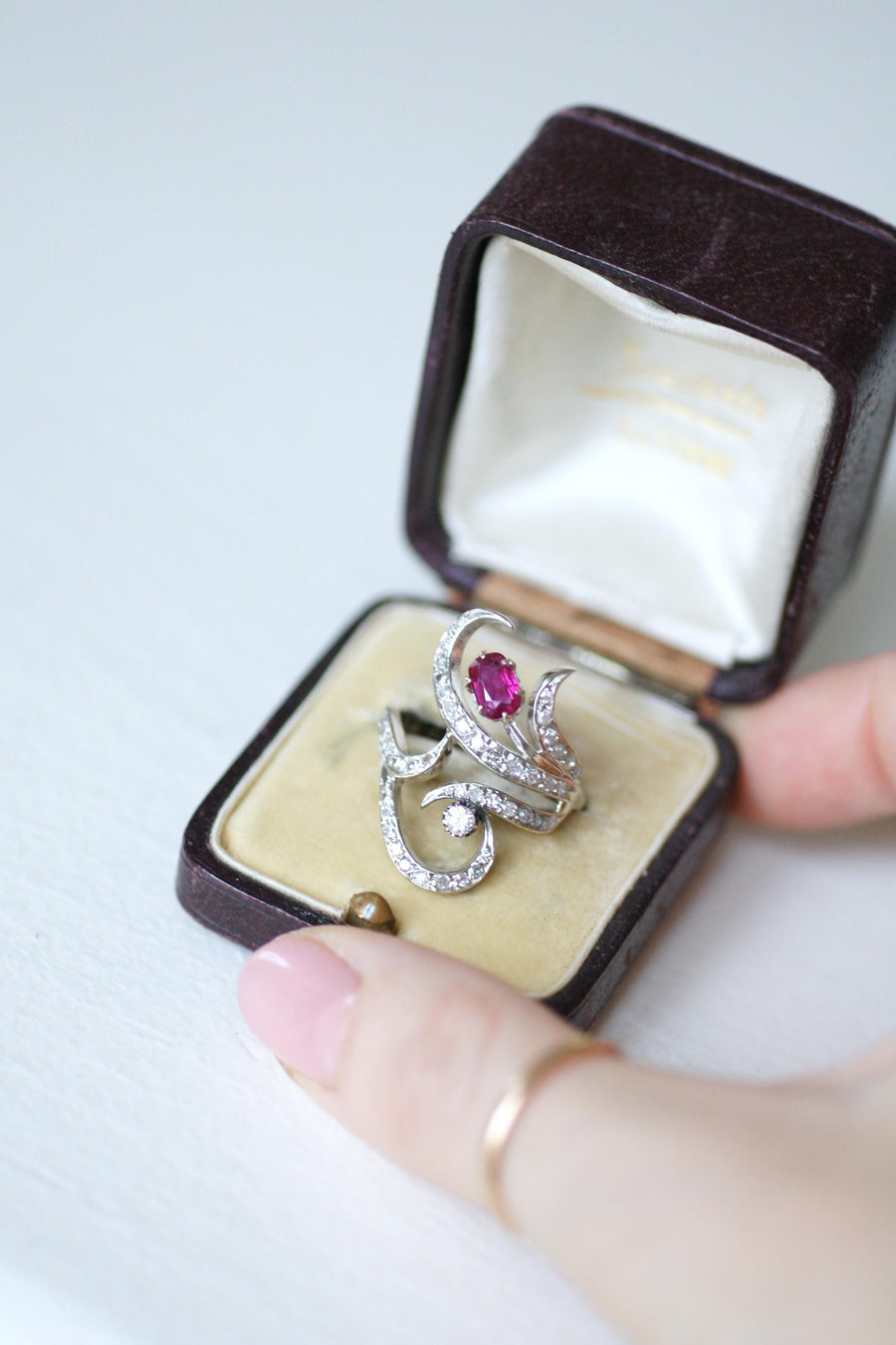 Arabesque Unheated Birman Ruby and Diamond Ring on White Gold