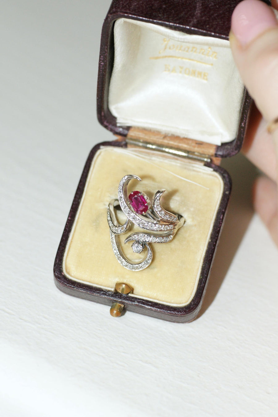 Arabesque Unheated Birman Ruby and Diamond Ring on White Gold