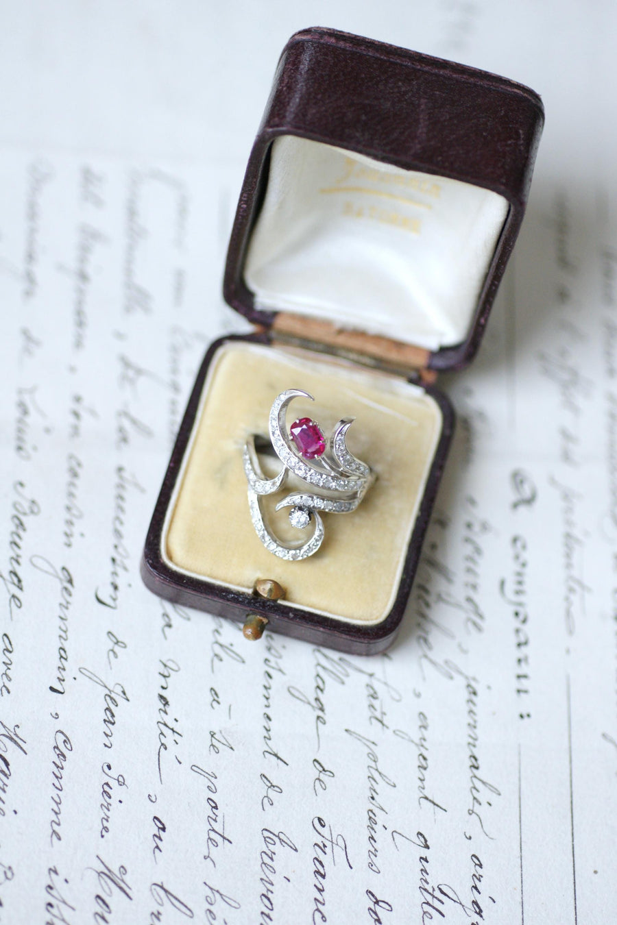 Arabesque Unheated Birman Ruby and Diamond Ring on White Gold
