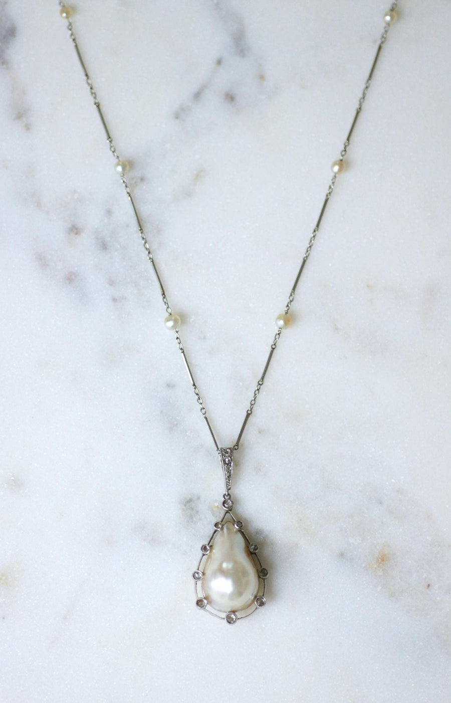 Art Deco Necklace Goutte Pearl & Diamond Pendant on Gold and Platinum