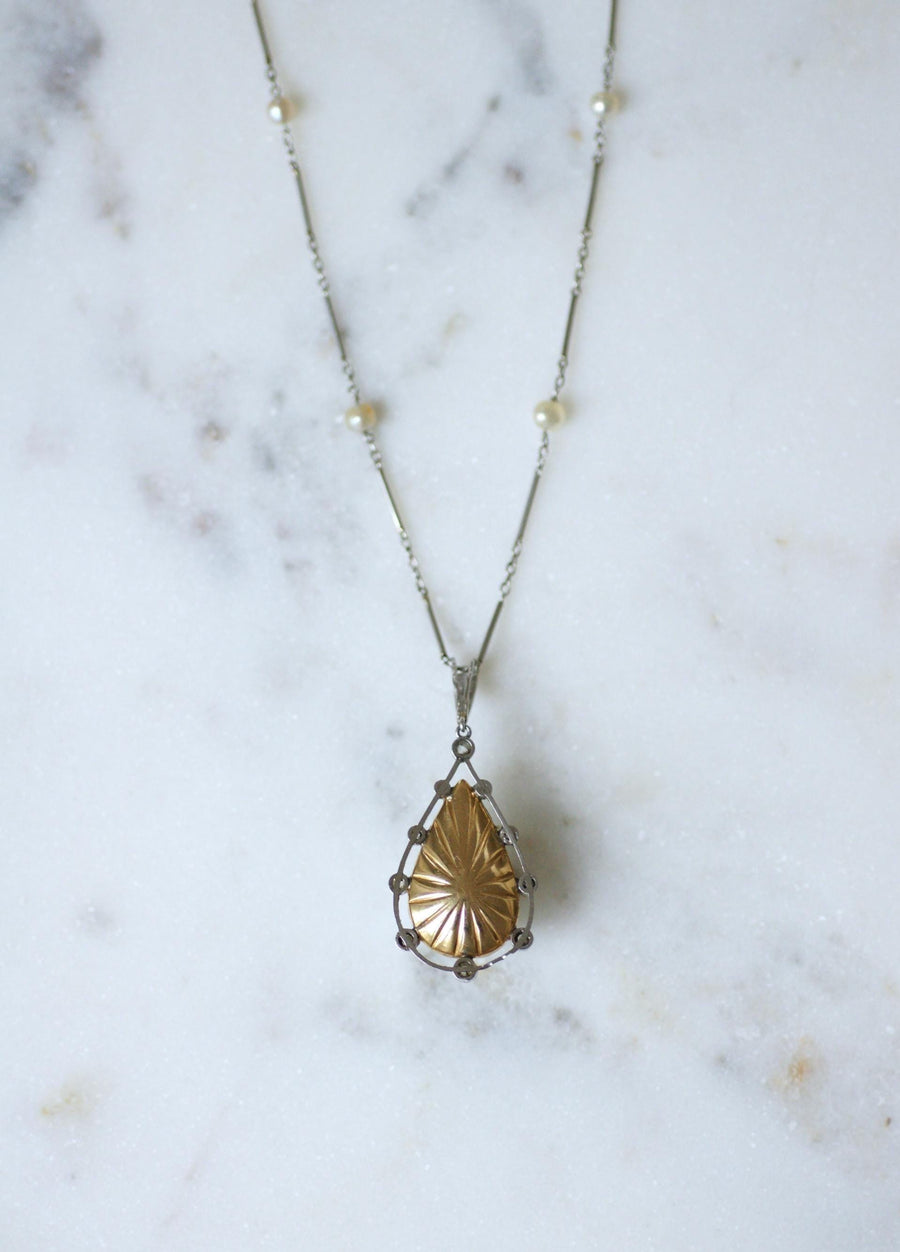 Art Deco Necklace Goutte Pearl & Diamond Pendant on Gold and Platinum