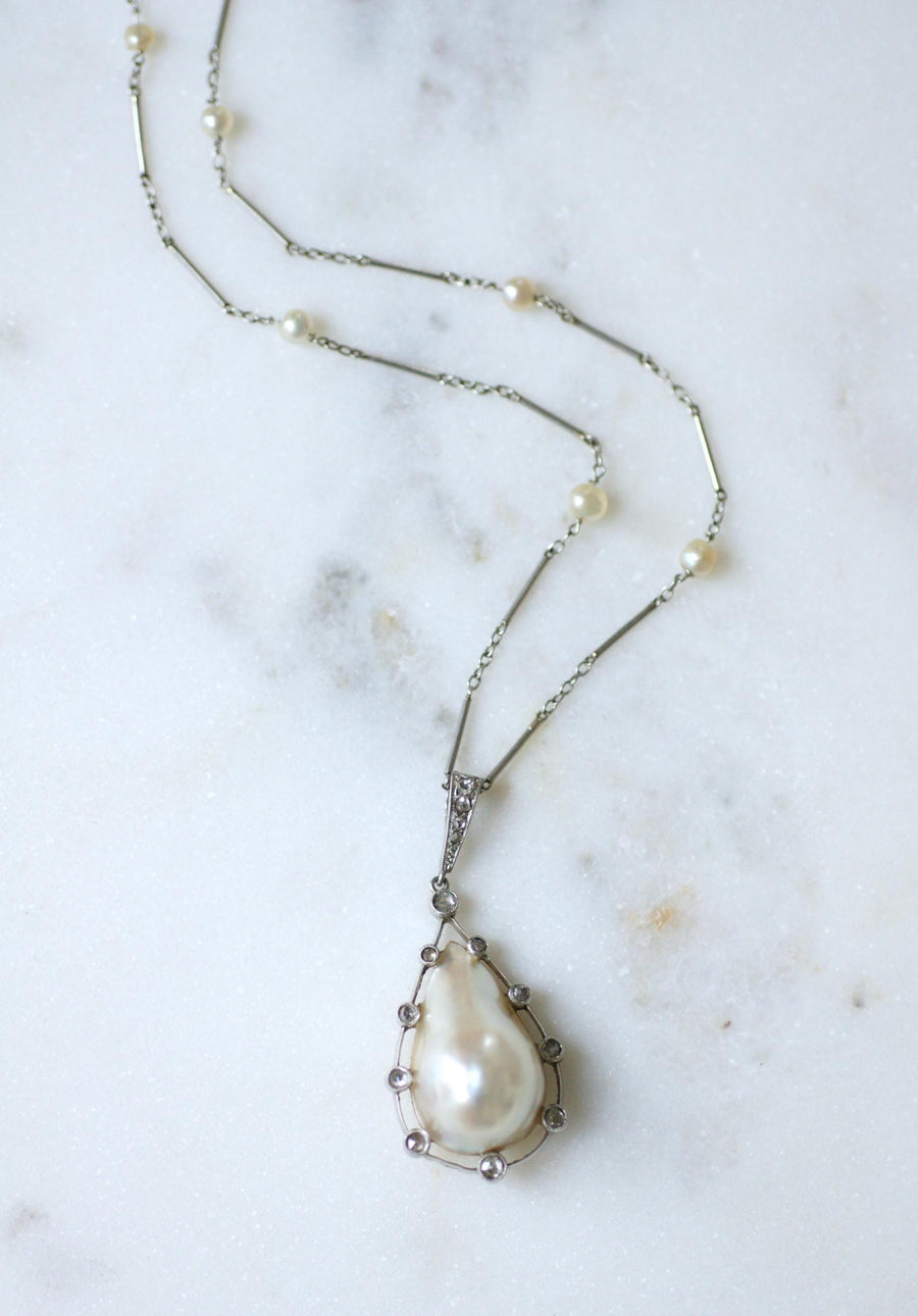 Art Deco Necklace Goutte Pearl & Diamond Pendant on Gold and Platinum