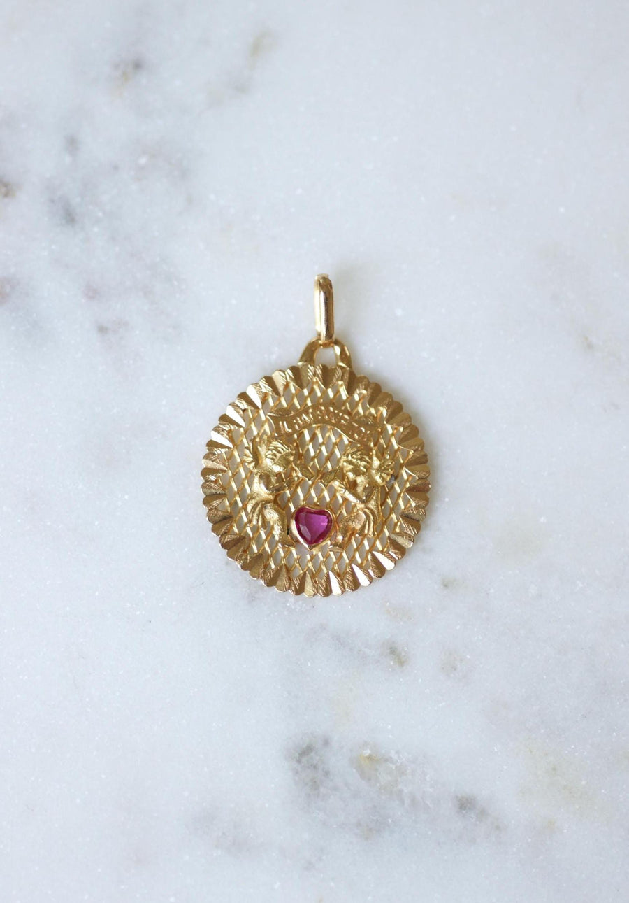 Pendant Love Medal Yellow Gold Angels Heart Ruby "Il Bat Pour Toi" (It Beats For You)