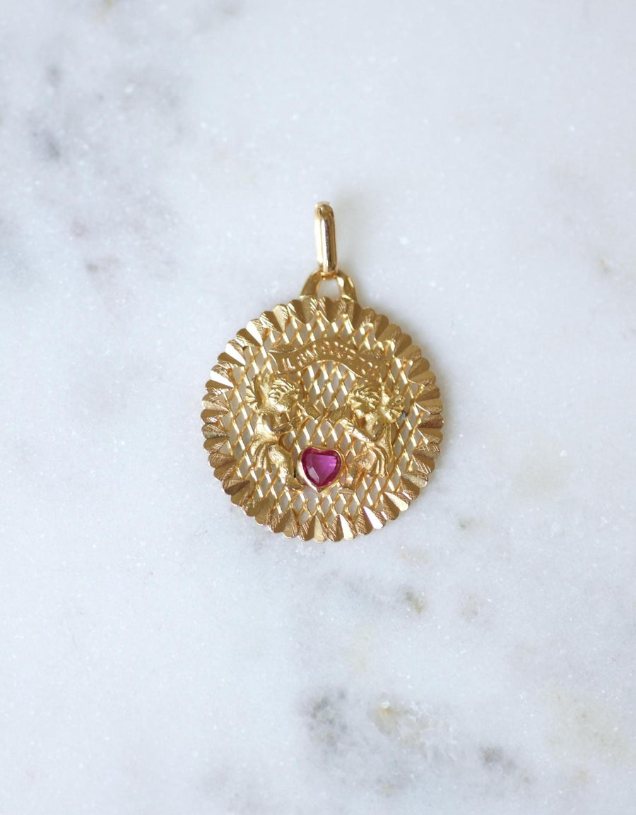 Pendant Love Medal Yellow Gold Angels Heart Ruby "Il Bat Pour Toi" (It Beats For You)