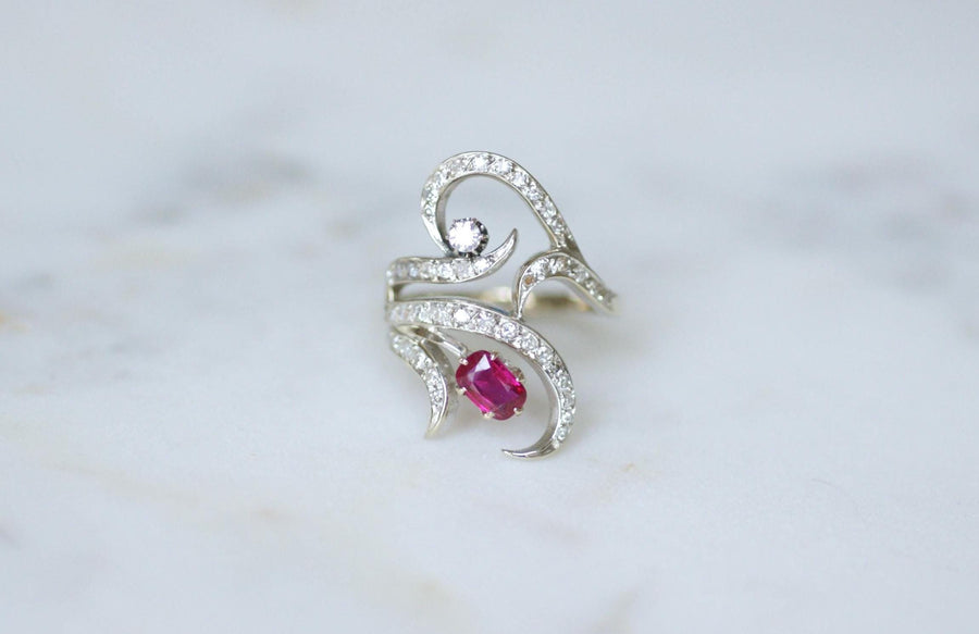 Arabesque Unheated Birman Ruby and Diamond Ring on White Gold