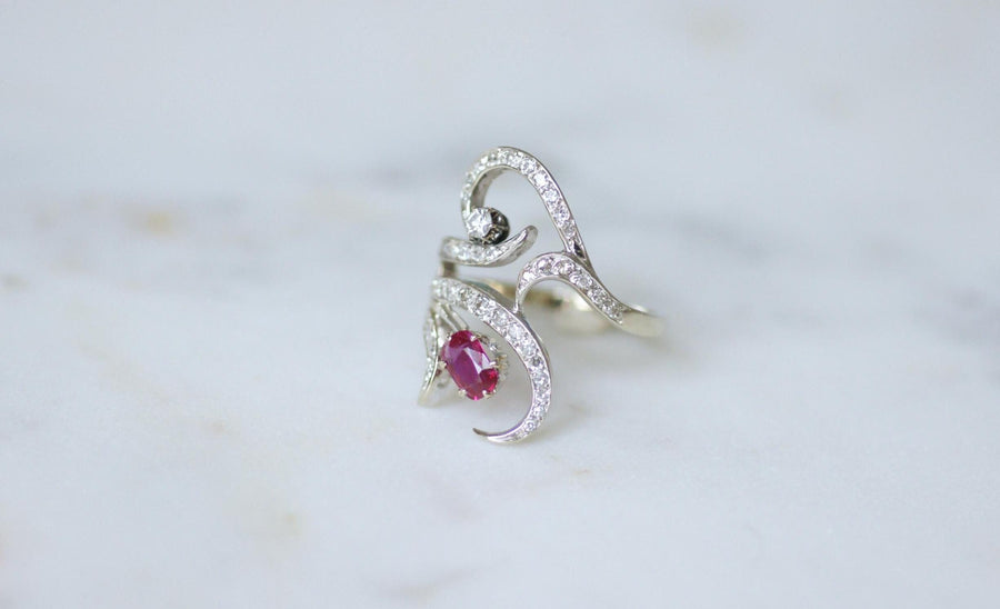 Arabesque Unheated Birman Ruby and Diamond Ring on White Gold