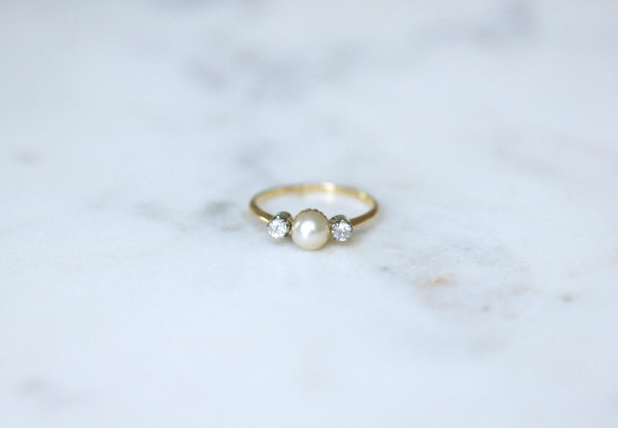 Antique Fine Pearl and Diamond Ring on Gold and Platinum