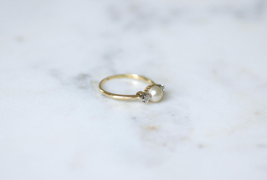 Antique Fine Pearl and Diamond Ring on Gold and Platinum