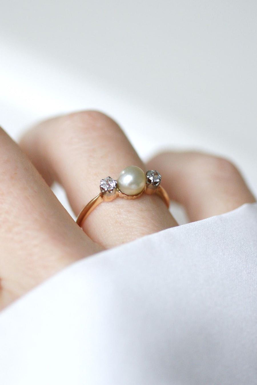 Antique Fine Pearl and Diamond Ring on Gold and Platinum