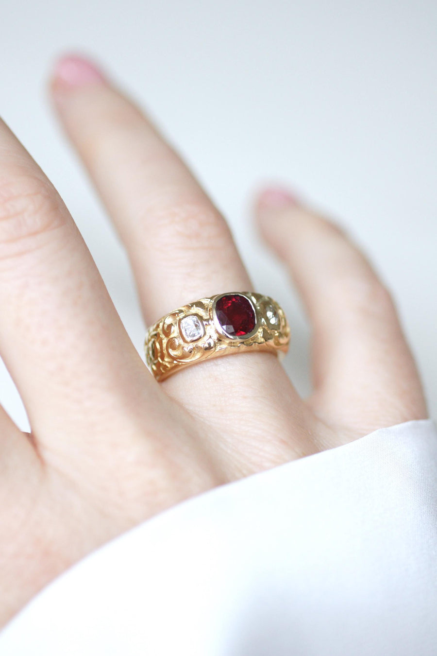 Antique Band Ring Ruby 1.70 Cts and Diamonds on Yellow Gold