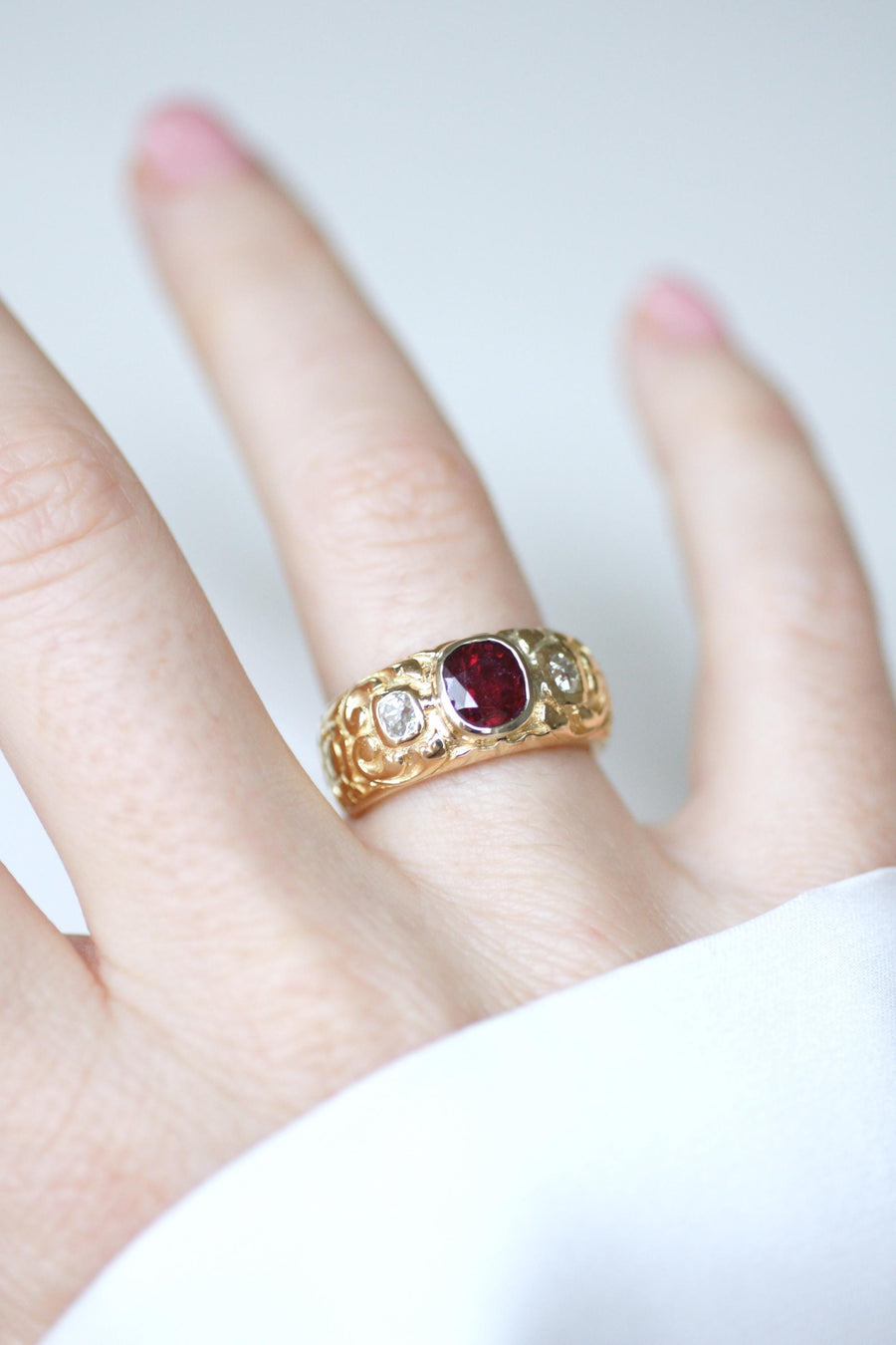 Antique Band Ring Ruby 1.70 Cts and Diamonds on Yellow Gold