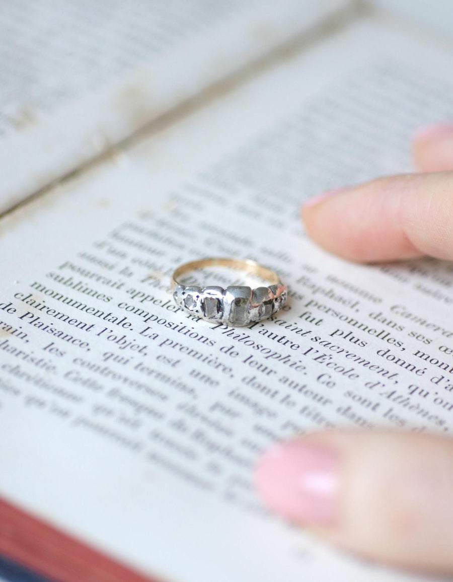 Antique Garter Ring Table and Rose Cut Diamonds on Pink Gold and Silver