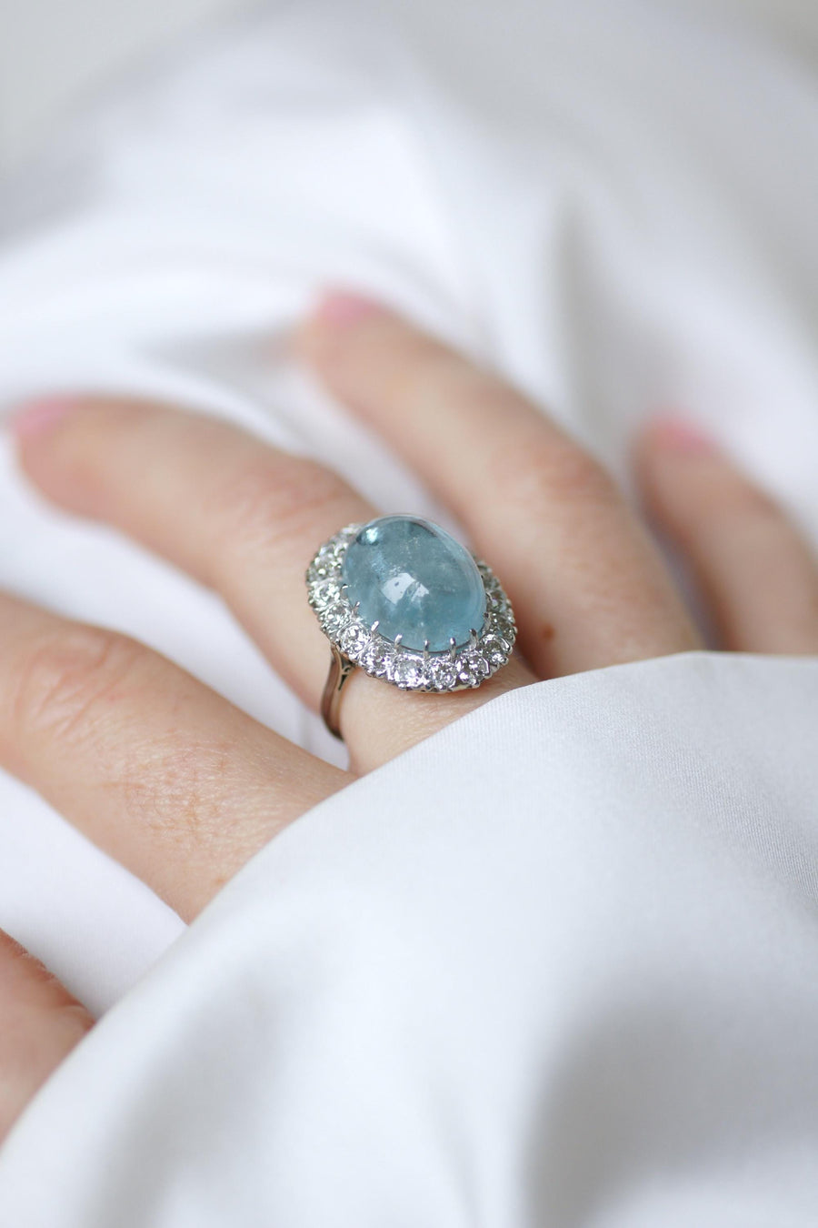 Cabochon Aquamarine and Diamonds on Gold and Platinum Art Deco Daisy Ring
