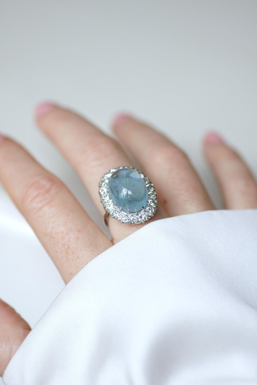 Cabochon Aquamarine and Diamonds on Gold and Platinum Art Deco Daisy Ring
