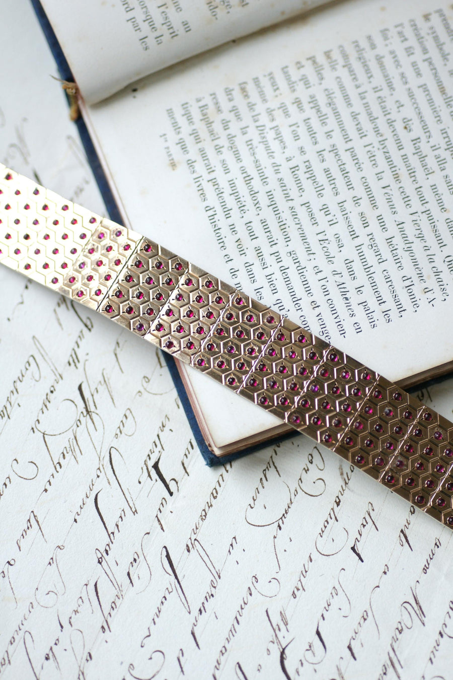 Art Deco Ruby on Rose Gold and Silver Ribbon Bracelet