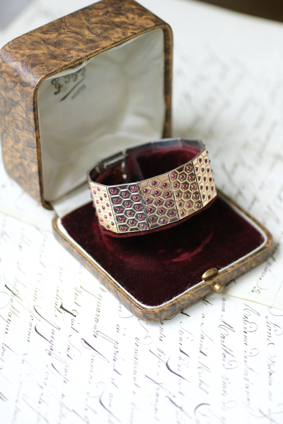 Art Deco Ruby on Rose Gold and Silver Ribbon Bracelet