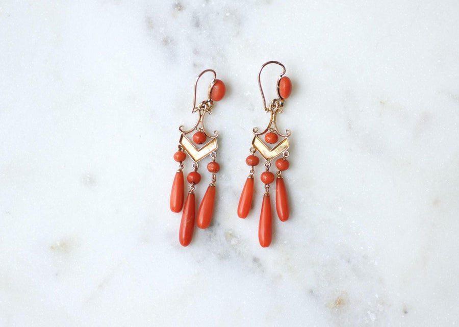 Girandoles Antique Rose Gold and Coral Drop Earrings