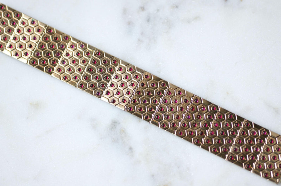 Art Deco Ruby on Rose Gold and Silver Ribbon Bracelet