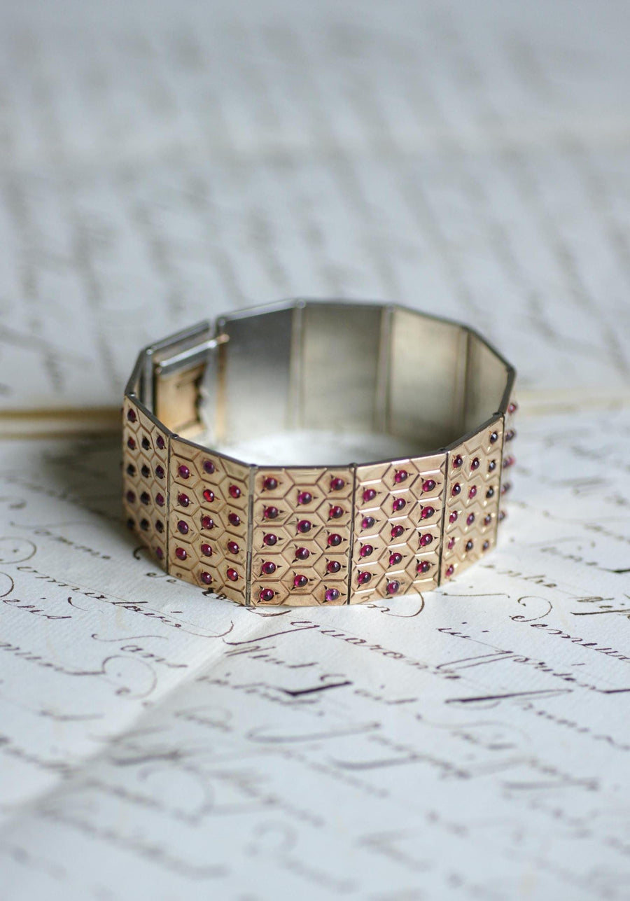 Art Deco Ruby on Rose Gold and Silver Ribbon Bracelet