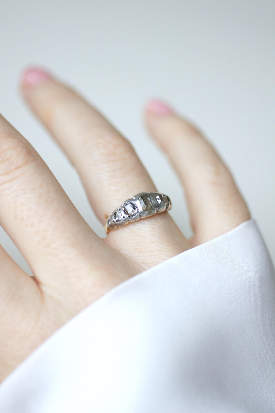 Antique Garter Ring Table and Rose Cut Diamonds on Pink Gold and Silver