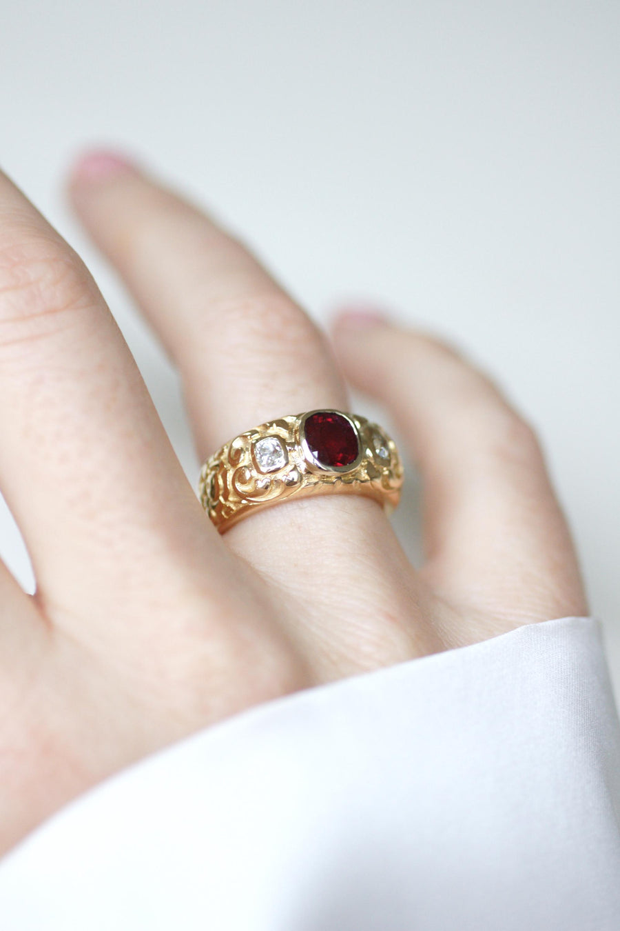 Antique Band Ring Ruby 1.70 Cts and Diamonds on Yellow Gold