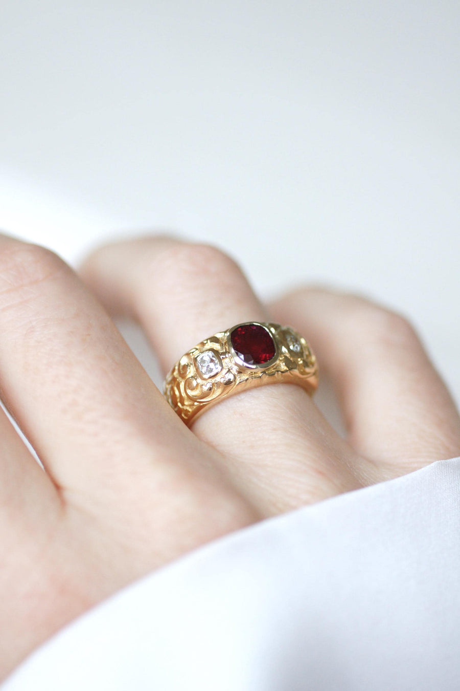 Antique Band Ring Ruby 1.70 Cts and Diamonds on Yellow Gold