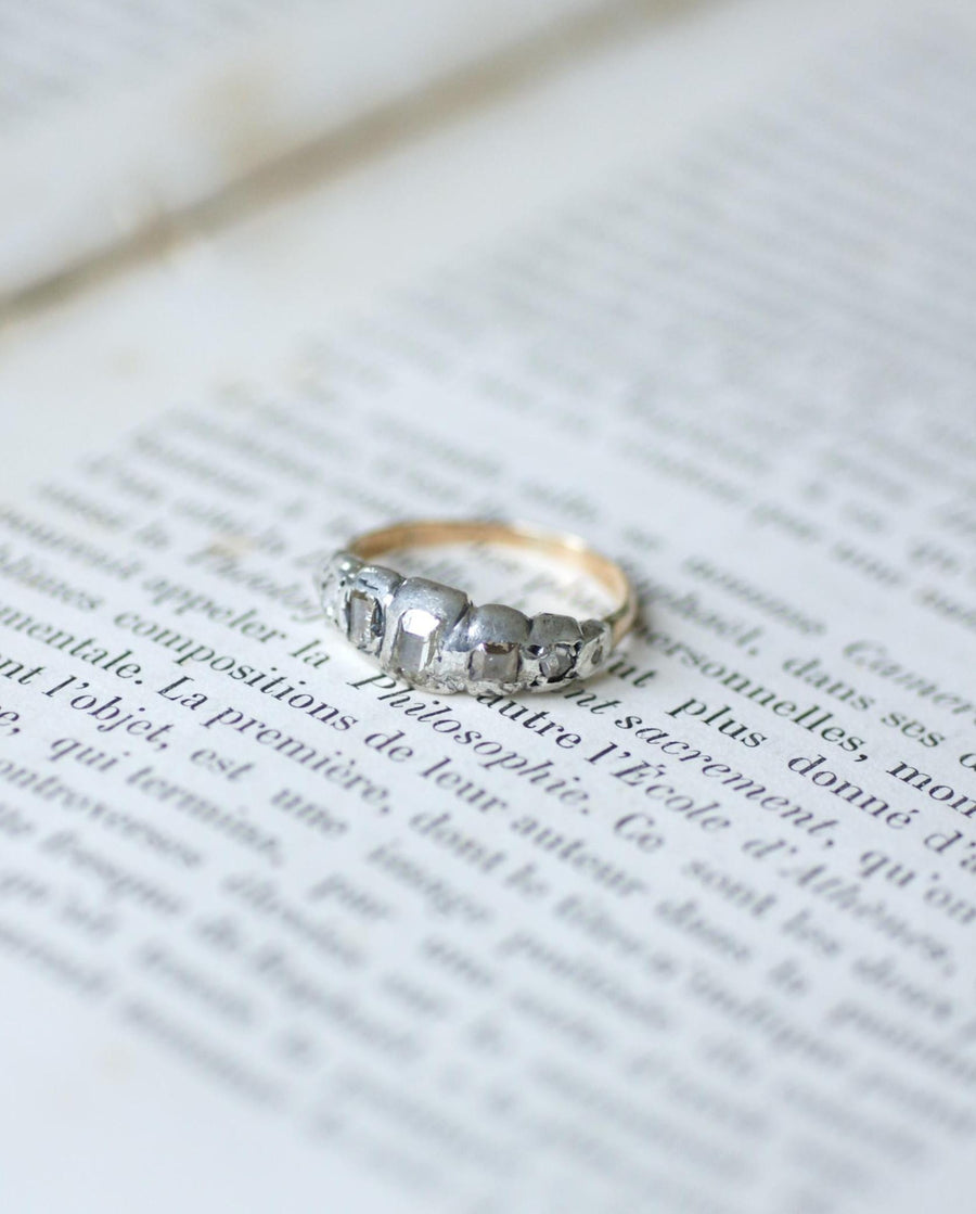 Antique Garter Ring Table and Rose Cut Diamonds on Pink Gold and Silver