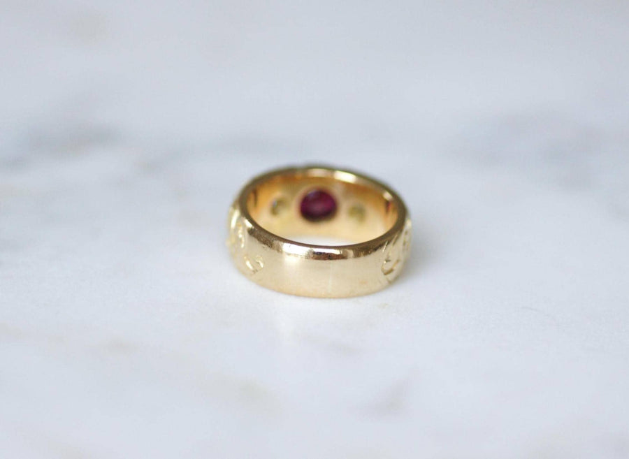 Antique Band Ring Ruby 1.70 Cts and Diamonds on Yellow Gold