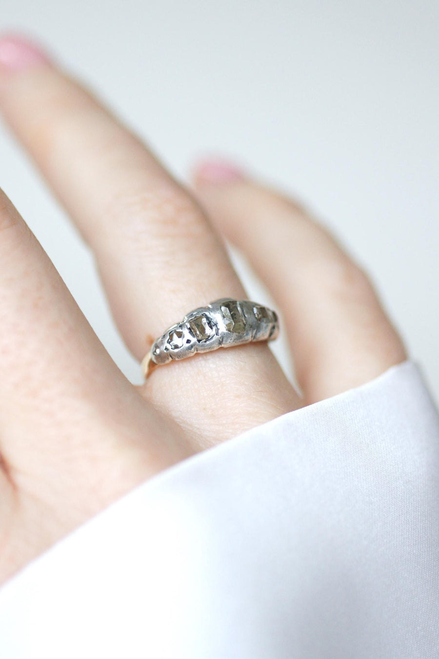 Antique Garter Ring Table and Rose Cut Diamonds on Pink Gold and Silver