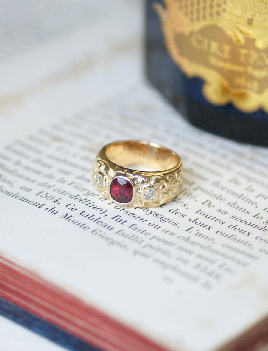 Antique Band Ring Ruby 1.70 Cts and Diamonds on Yellow Gold