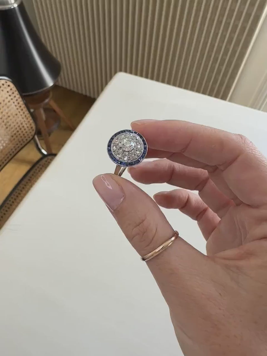 Round Art Deco Target Ring Calibrated Sapphires and Diamonds on Platinum