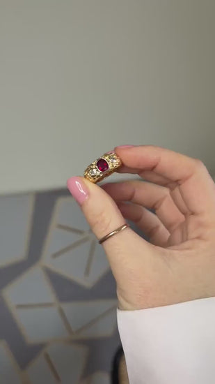 Antique Band Ring Ruby 1.70 Cts and Diamonds on Yellow Gold