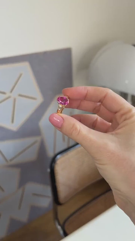 Pink Tourmaline and Baguette Diamond Ring in Yellow Gold