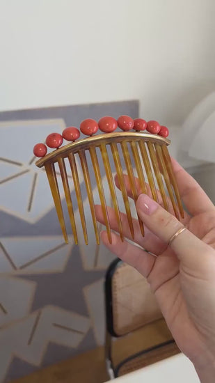 Antique Coral and Horn Wedding Tiara Hair Comb