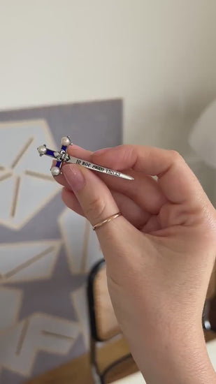 Antique Sword Brooch with Fine Pearls and Enamel on Silver by Victor Dudiez