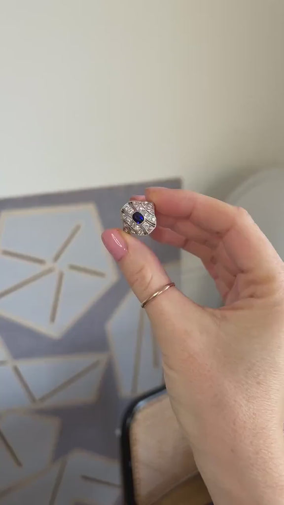 Art Deco Sapphire and Diamond Dome Ring on Platinum