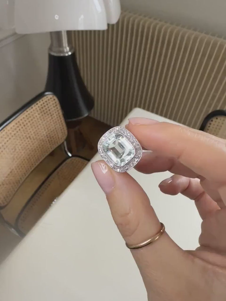 Art Deco Aquamarine Cushion Ring Surrounded by Diamonds