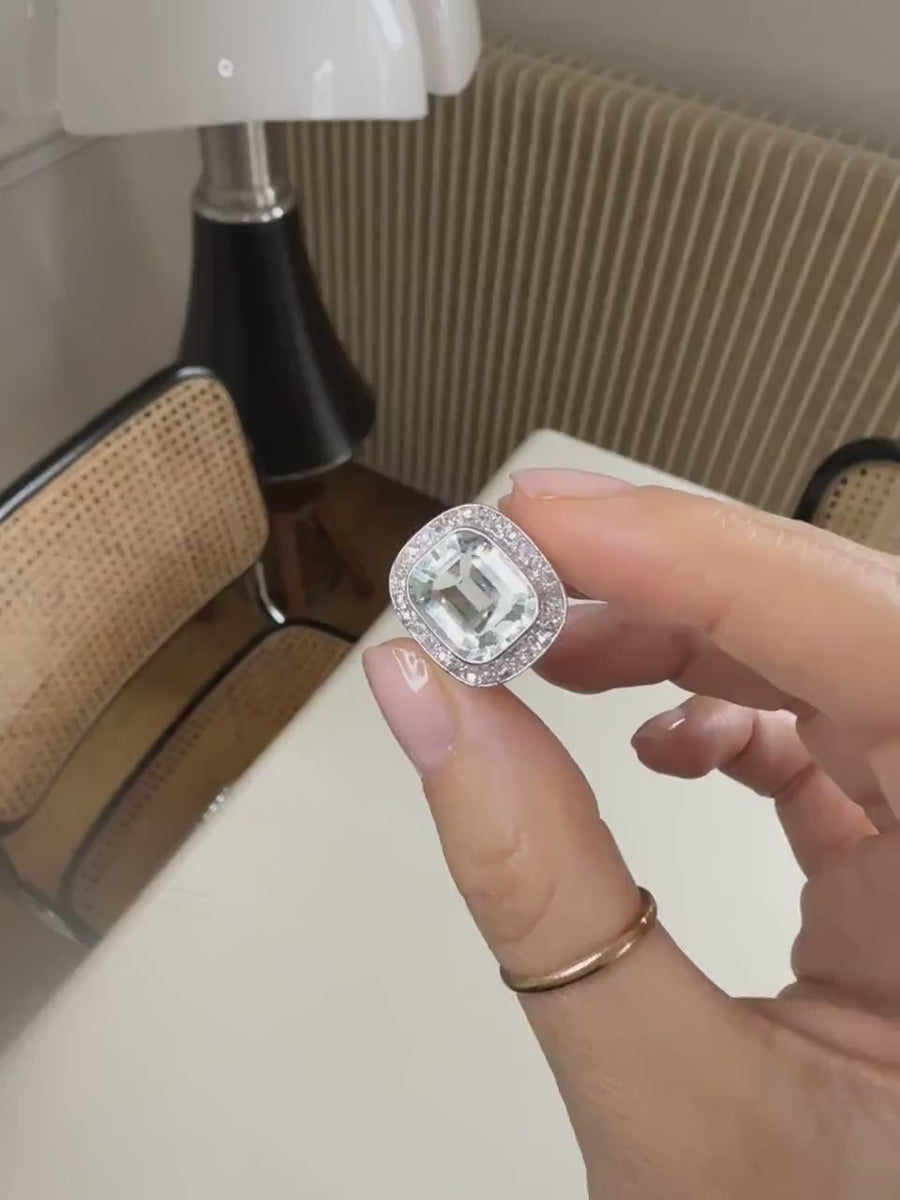 Art Deco Aquamarine Cushion Ring Surrounded by Diamonds