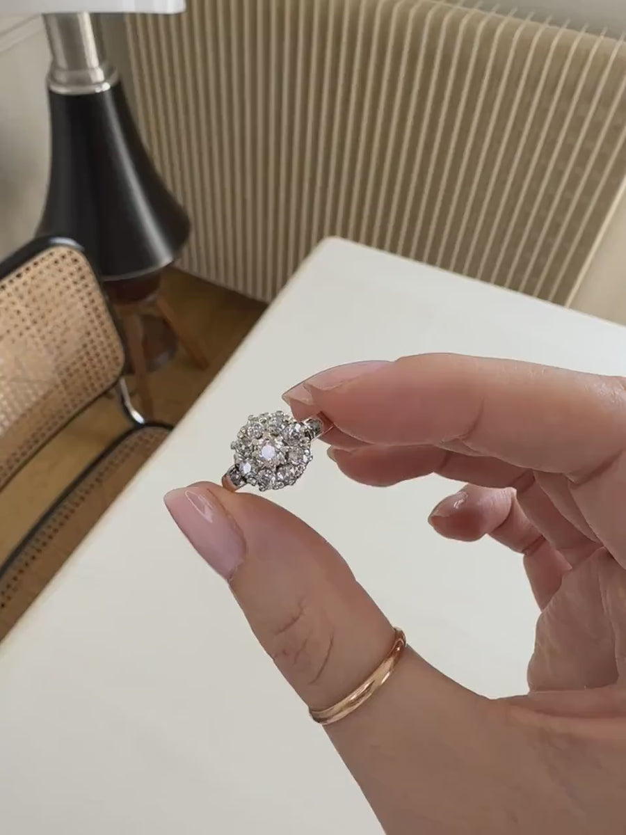Marguerite Ring Antique Diamonds on Rose Gold and Platinum