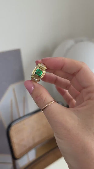 Vintage Colombian Emerald, Diamond and Ruby Ring on Yellow Gold